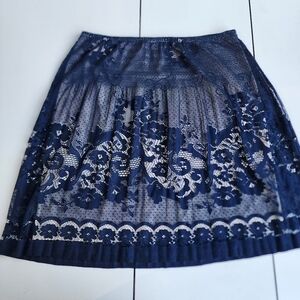 Max Edition Lace Skirt Women's Stretch Navy Blue Nude Liner Elastic Waist Sz L